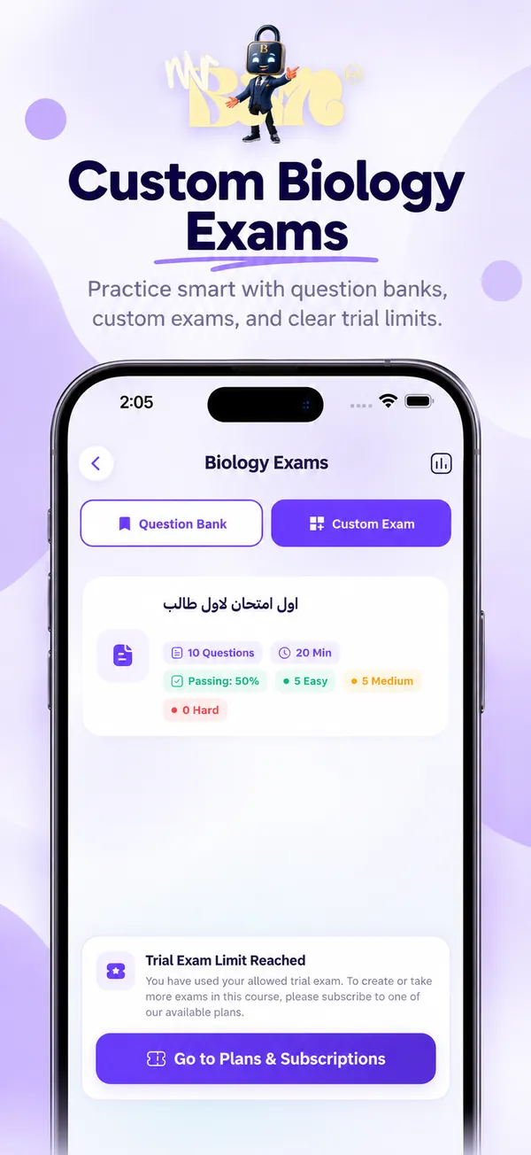 Custom Biology exams with question count, time and passing score