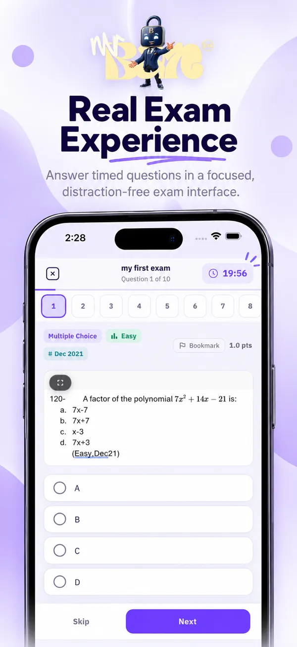 Real exam experience: timed questions in a focused exam screen