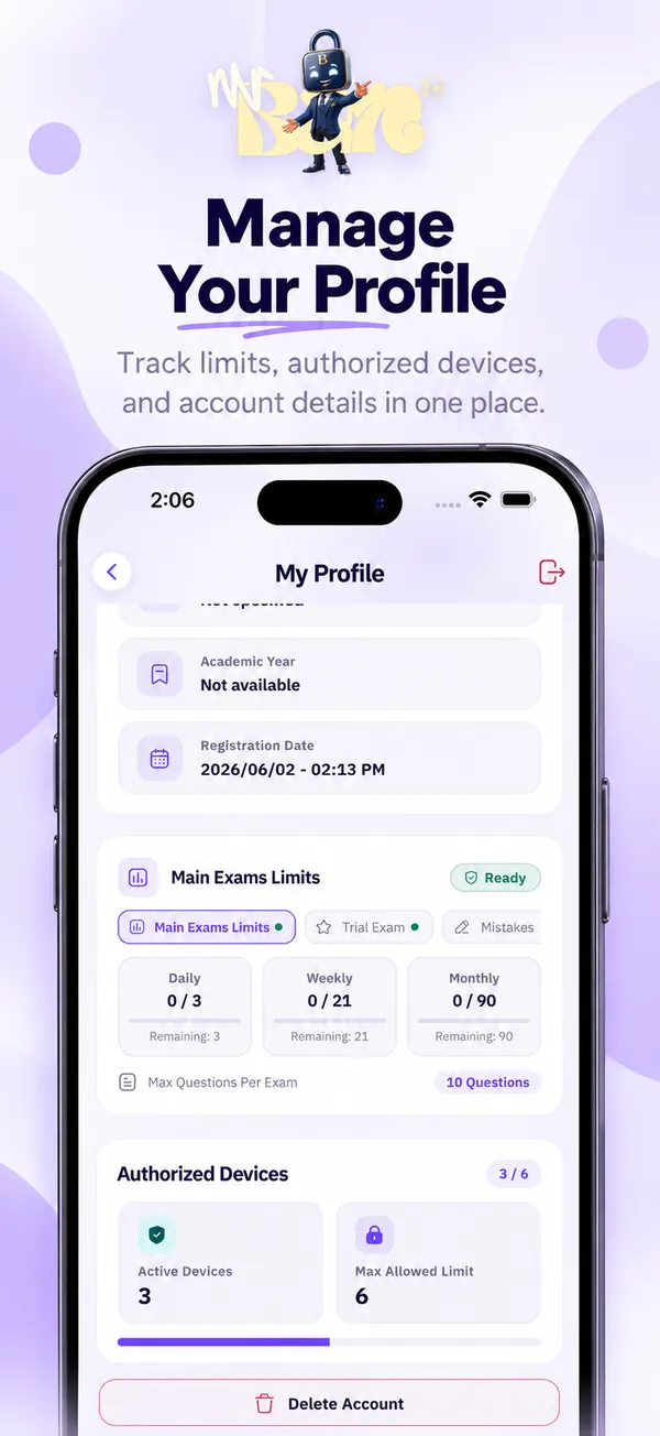 My Profile with exam limits and authorized devices