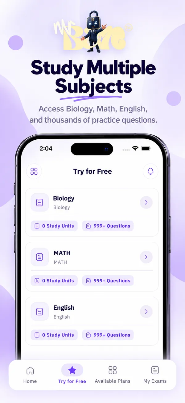 Try for Free screen with the subject list